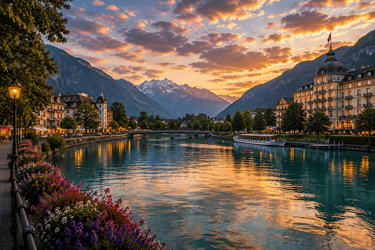 Interlaken surrounded by turquoise lakes and dramatic Swiss Alps