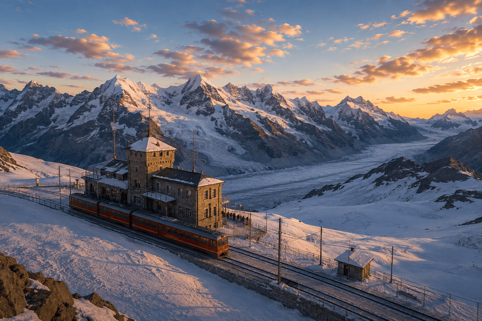 Jungfraujoch in the Swiss Alps with snow-covered mountains
