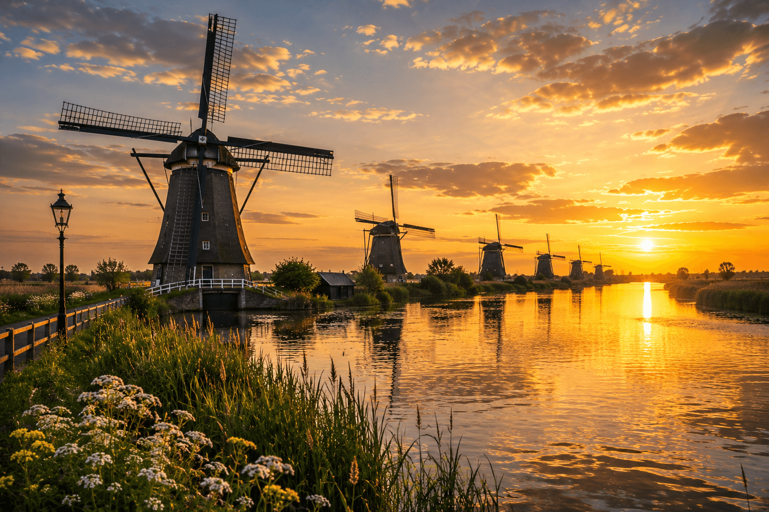 Kinderdijk Netherlands traditional windmills along the water at sunset