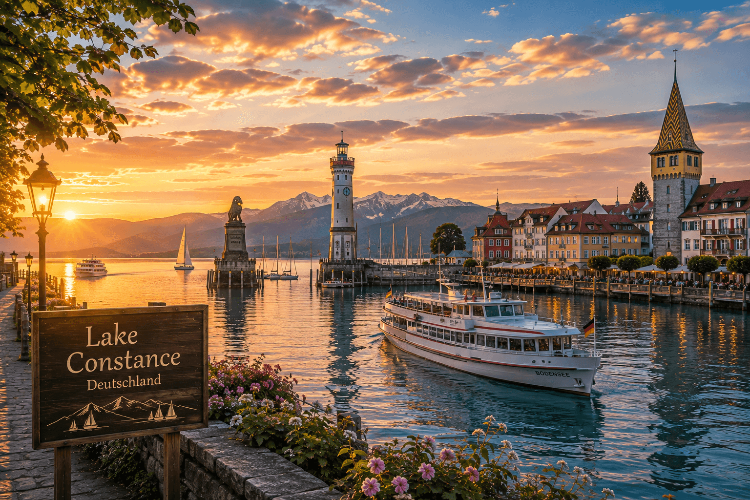 Lake Constance Germany waterfront Alps and historic town at sunset