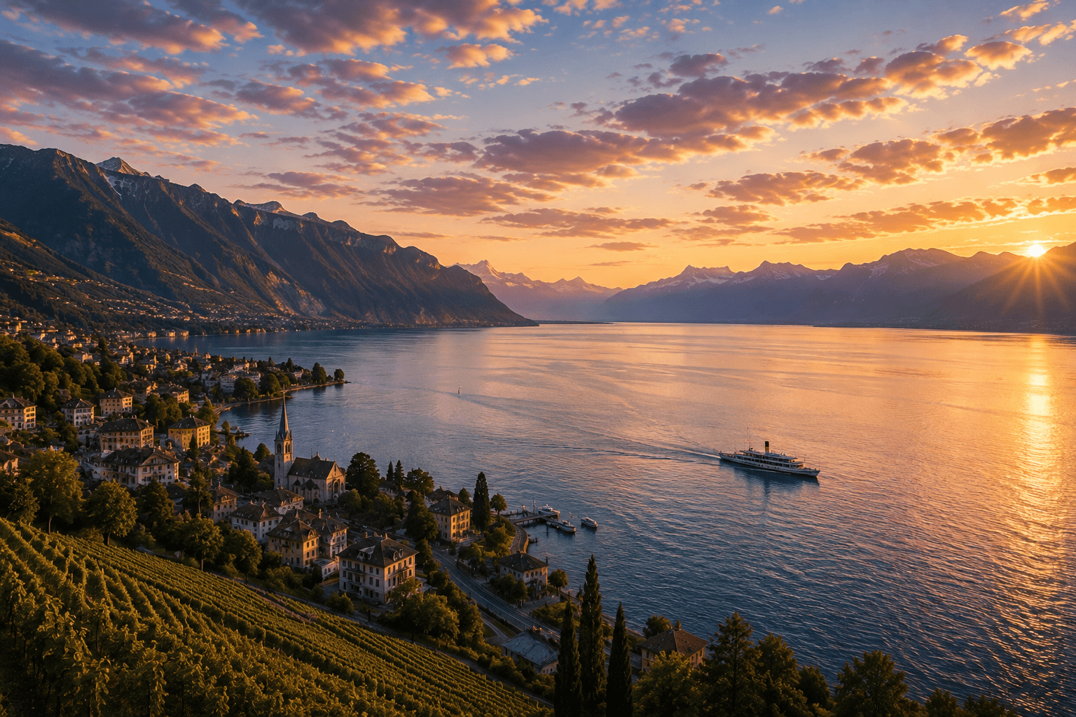 Lake Geneva surrounded by the Swiss Alps in Switzerland
