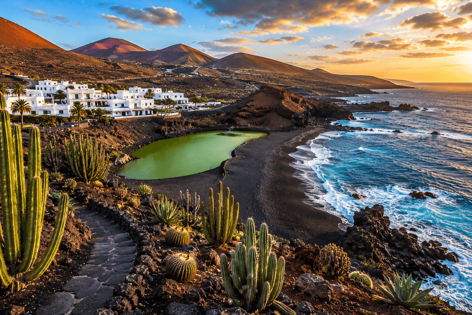 Lanzarote Spain travel destination featuring green lagoon, black volcanic beach and white villages