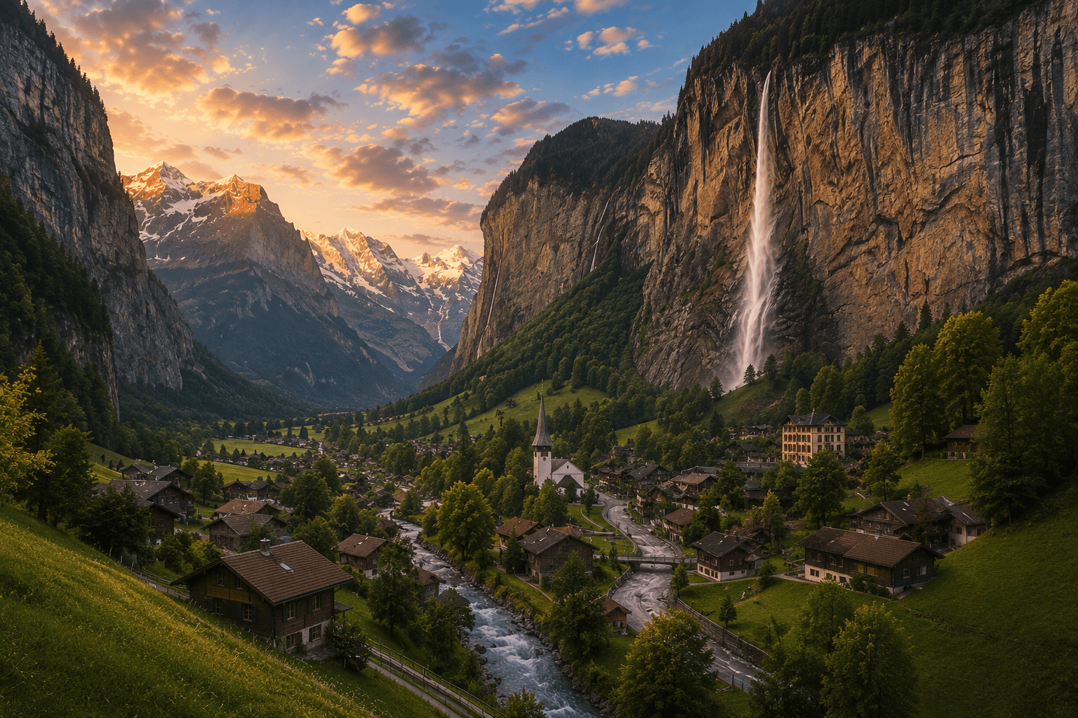 Lauterbrunnen Valley with waterfalls and Swiss Alps in Switzerland