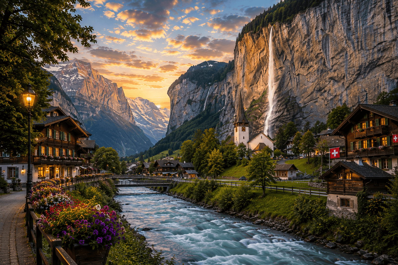 Lauterbrunnen Valley with waterfalls, cliffs and traditional Swiss village