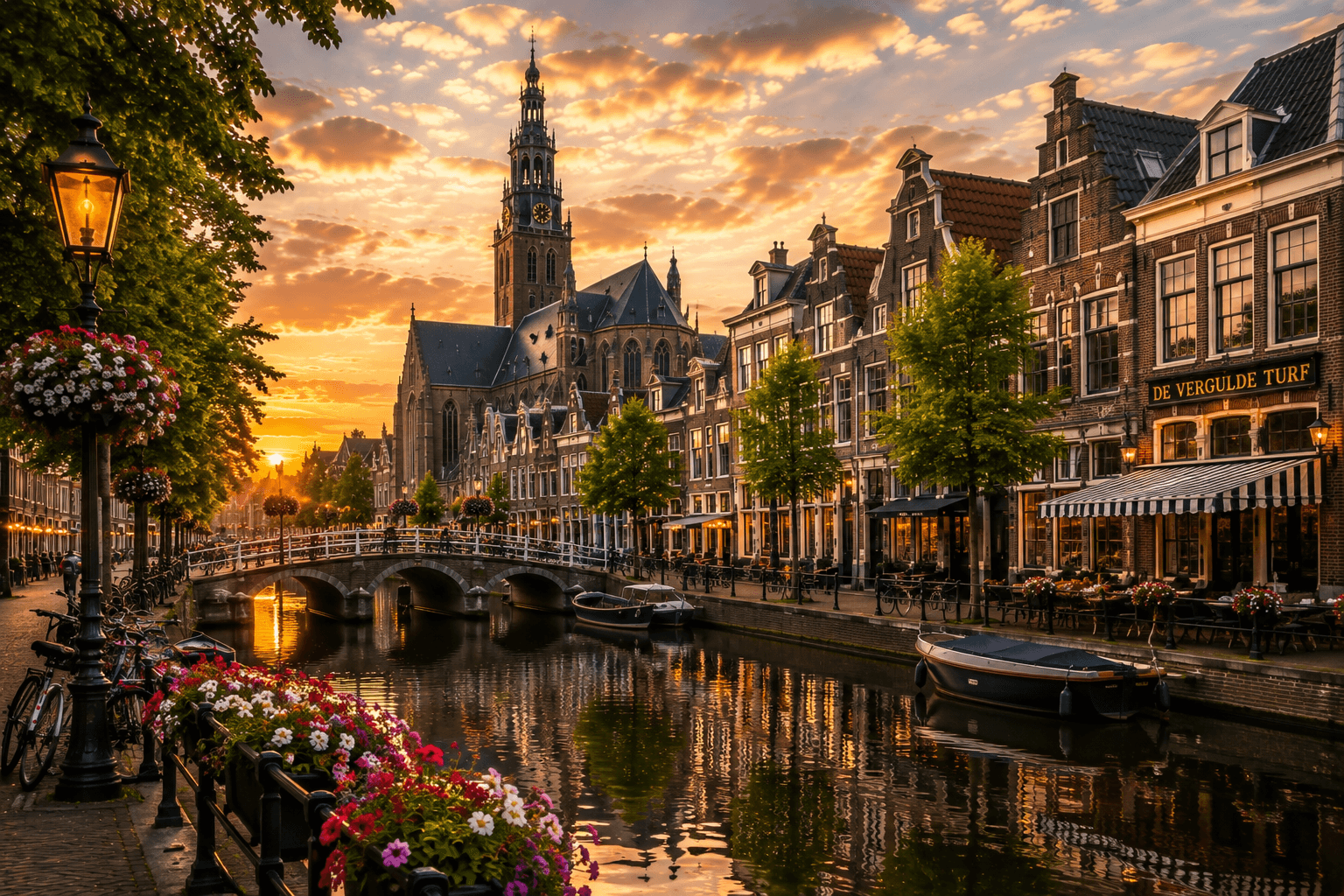 Leiden Netherlands historic canal houses and church at sunset