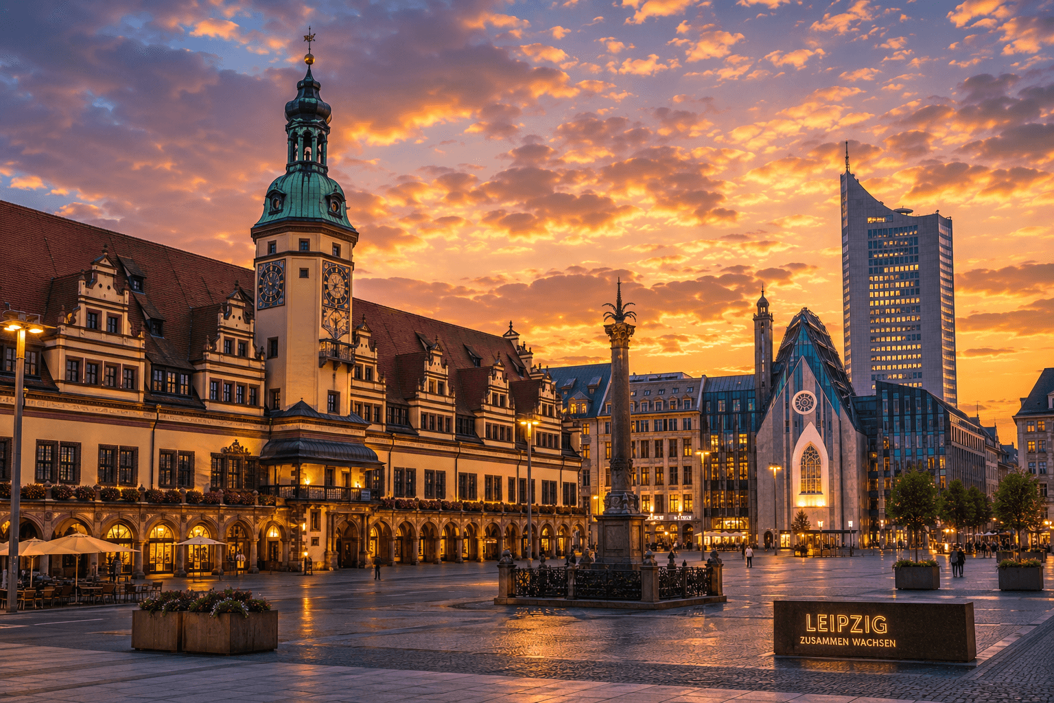 Leipzig Germany historic city center and architecture at sunset