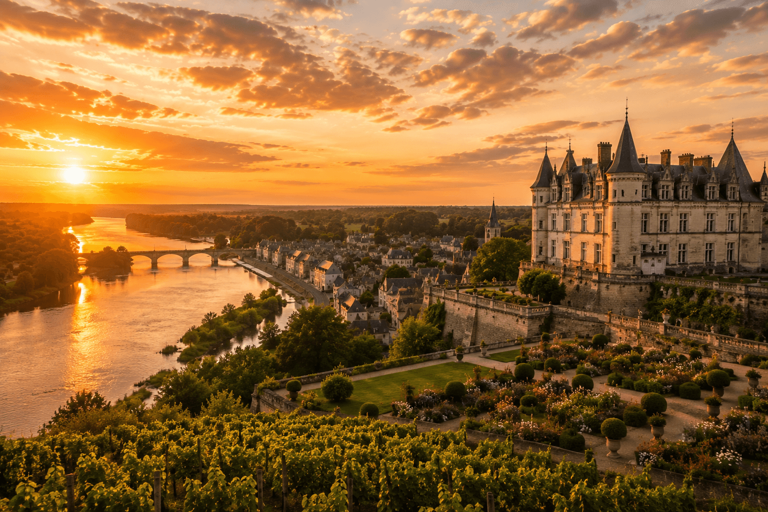 Loire Valley castles surrounded by vineyards and rivers during golden hour in France.