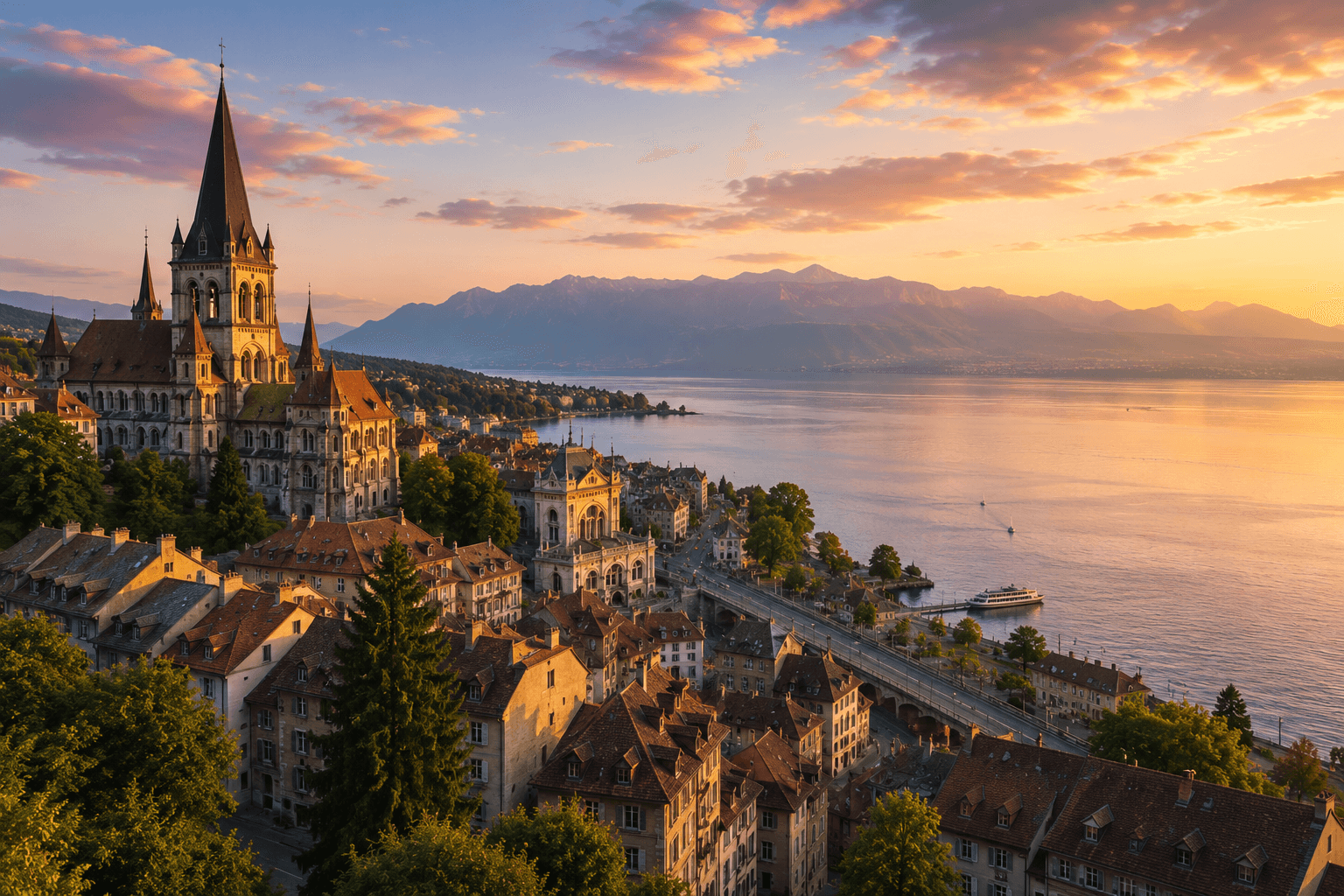 Scenic view of Lausanne on Lake Geneva with vineyards and Swiss Alps