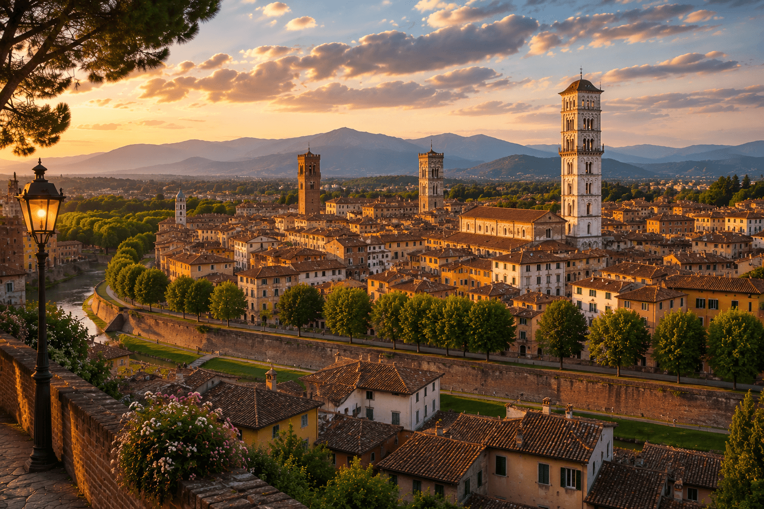 Lucca historic walls and old town at sunset