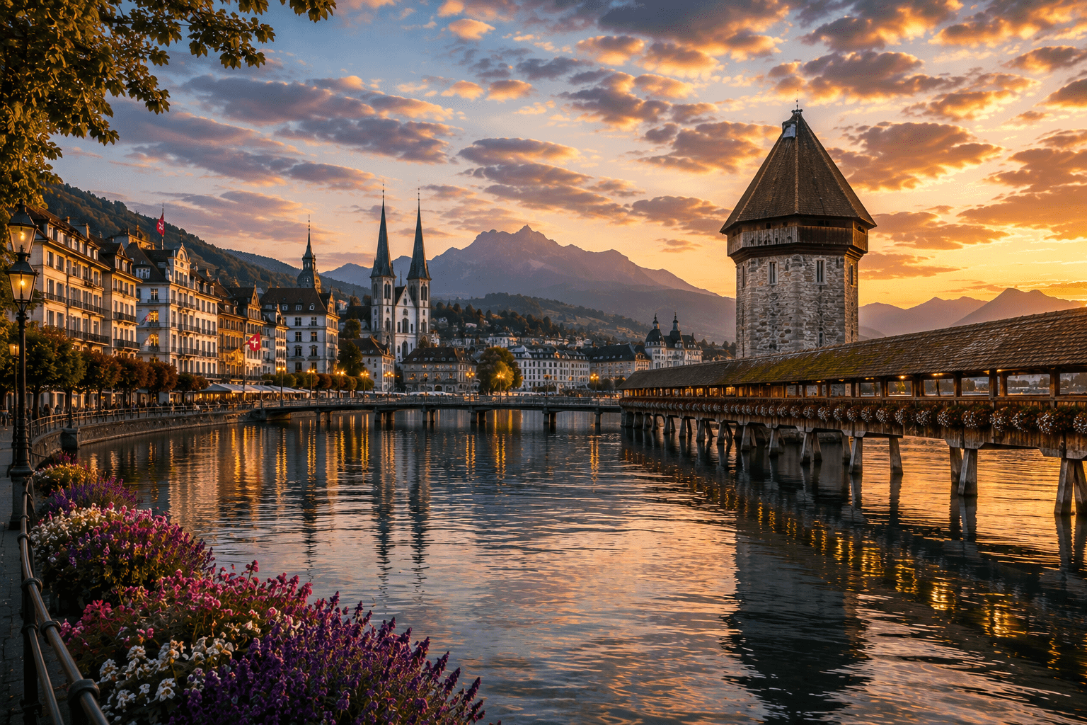 Lucerne with Chapel Bridge, Lake Lucerne and majestic Swiss mountains