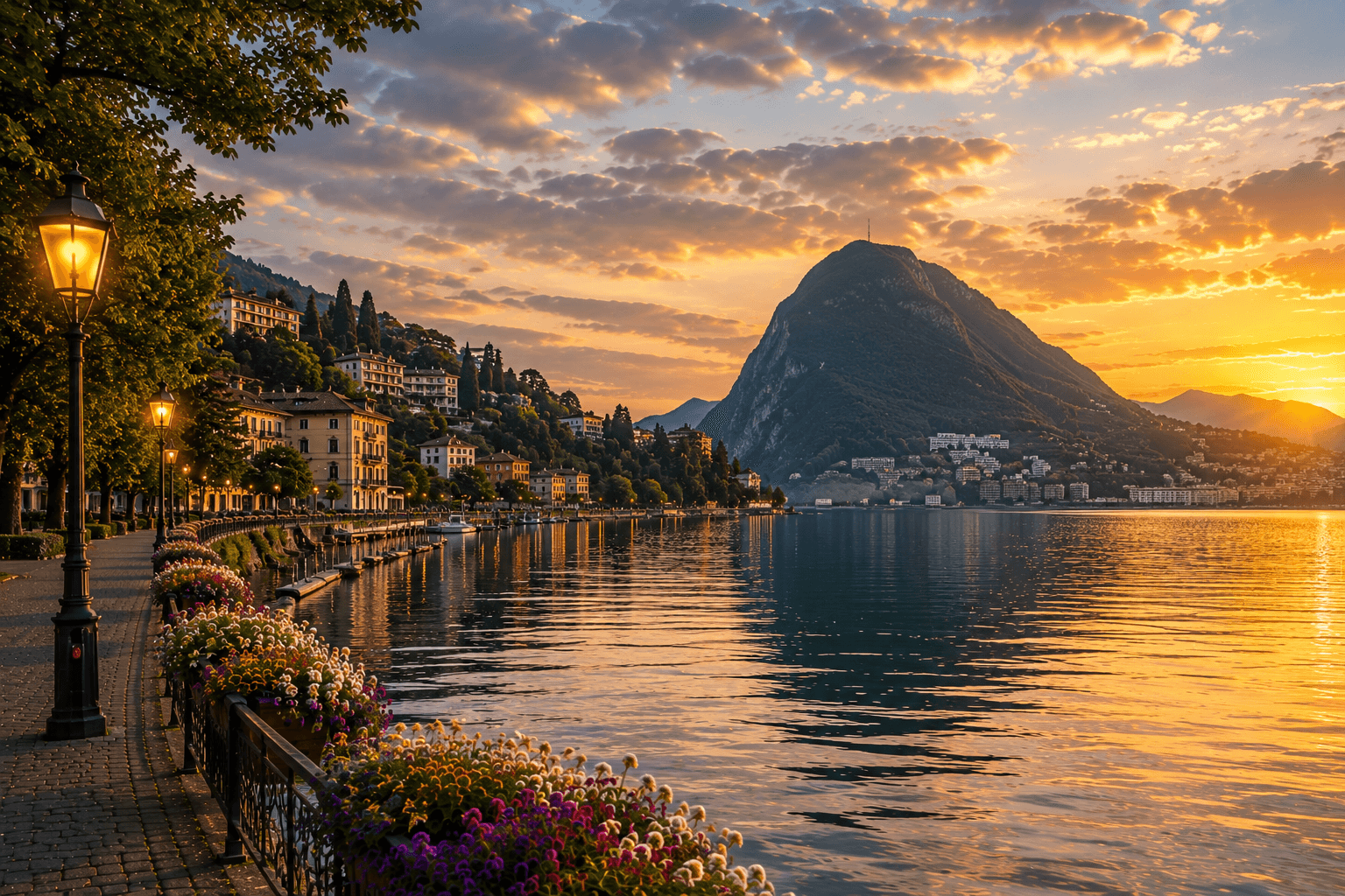 Lugano lakefront with palm trees, mountains and Mediterranean atmosphere