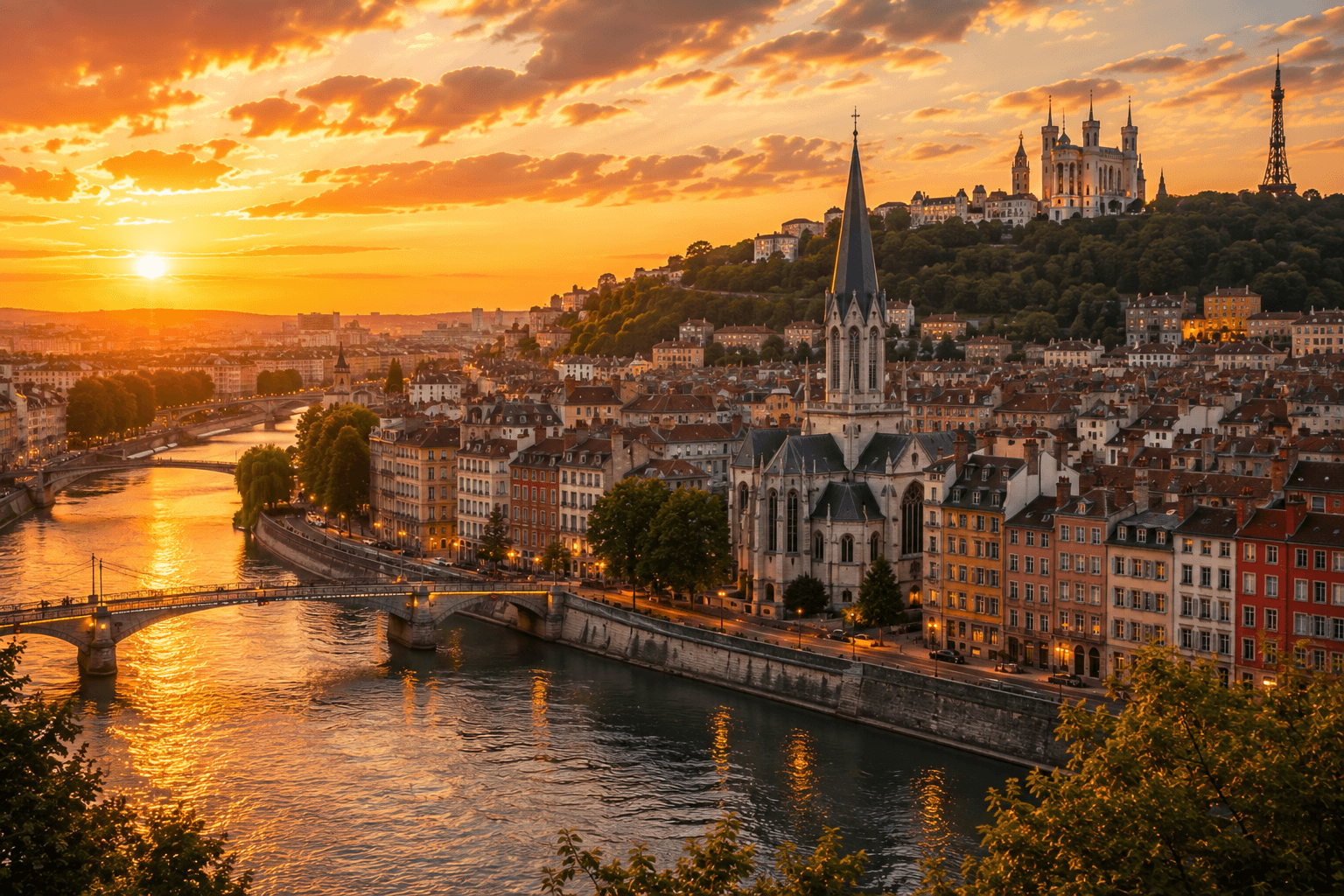 Historic Lyon skyline with the Saône River and Basilica of Notre-Dame de Fourvière at sunset.