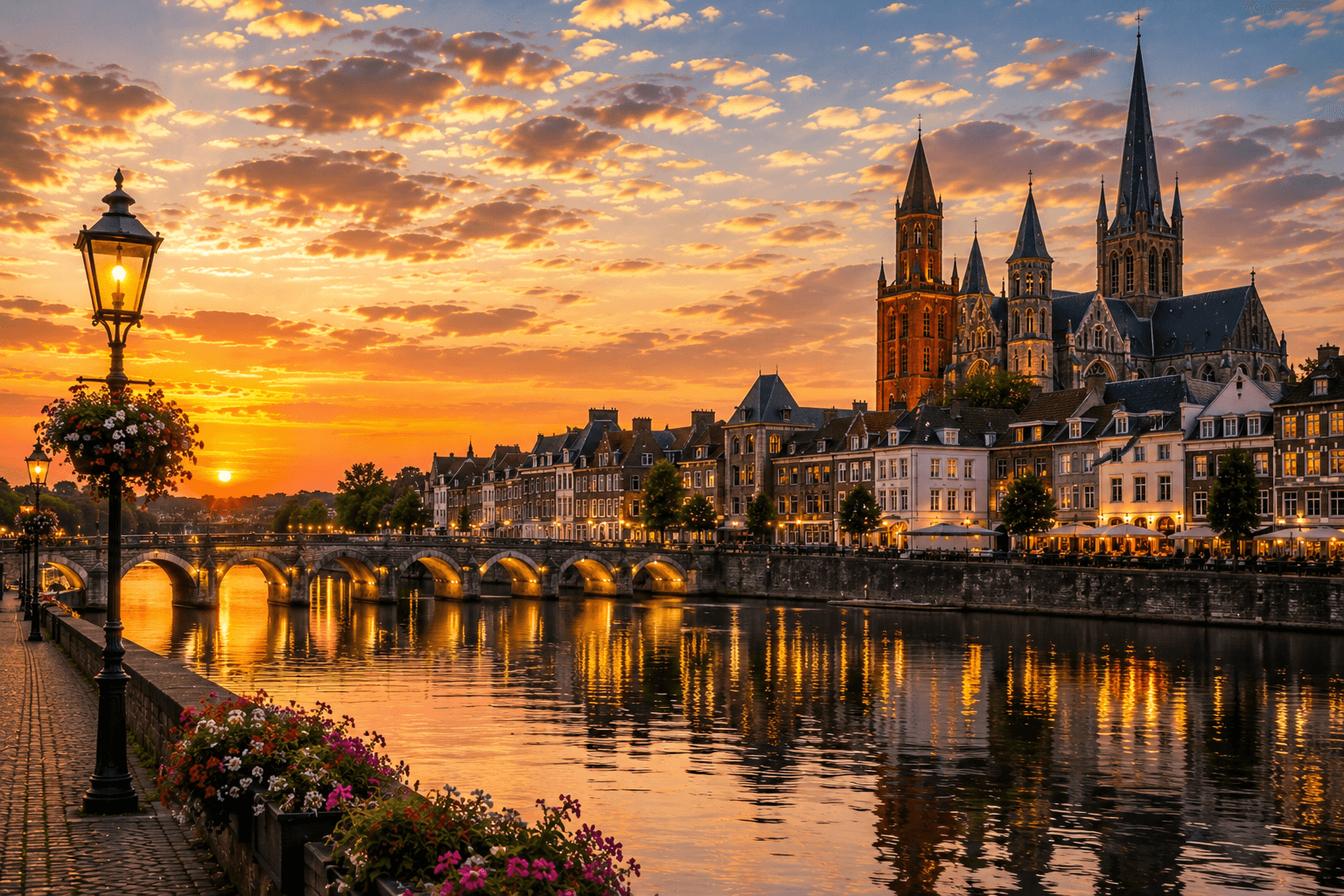 Maastricht Netherlands historic city skyline and river at sunset