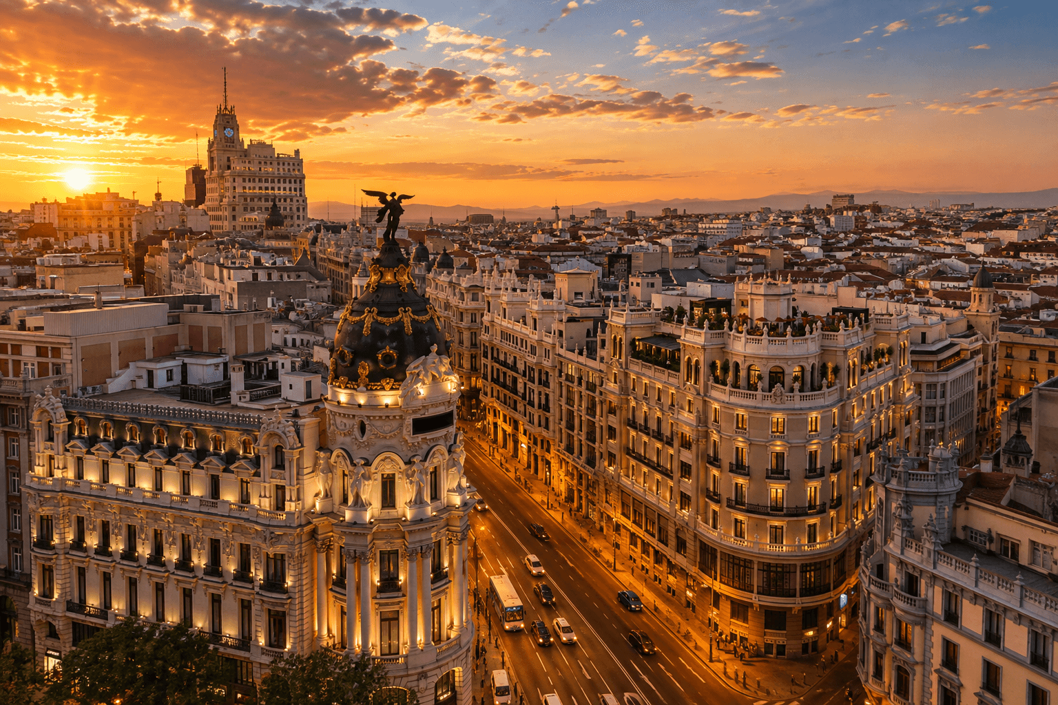 Madrid Spain travel destination featuring Gran Vía and historic city architecture