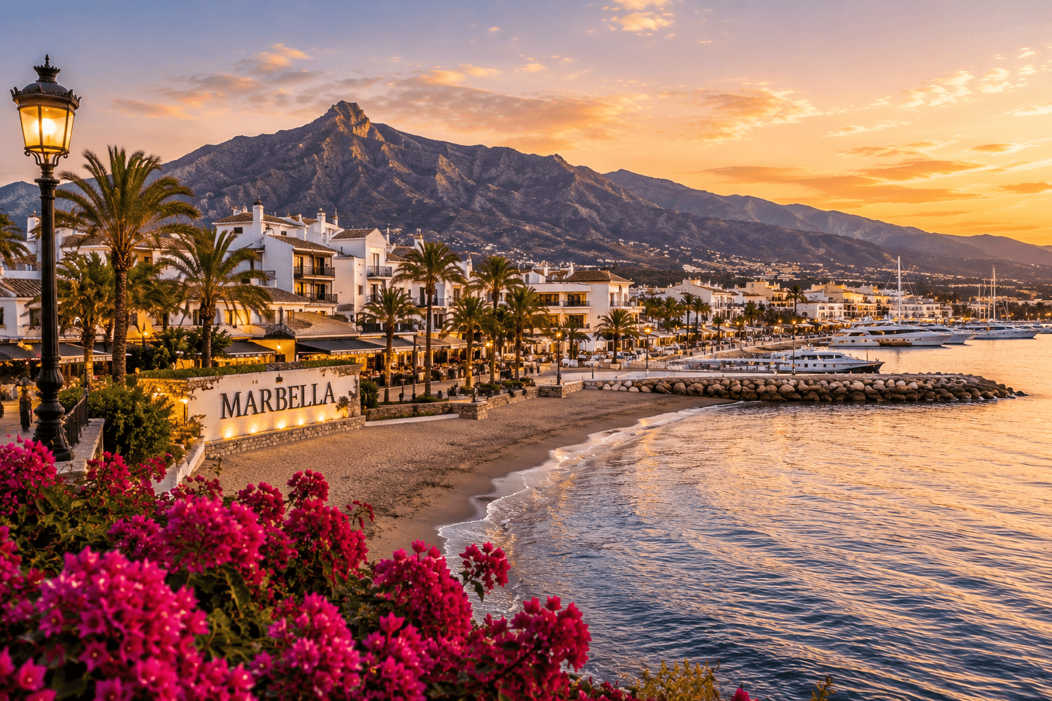 Marbella Spain travel destination featuring Mediterranean coast, palms and mountains