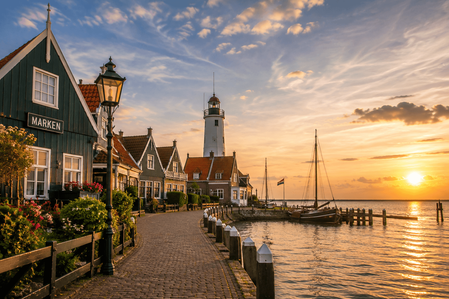 Marken Netherlands traditional wooden houses, harbor and lighthouse at sunset