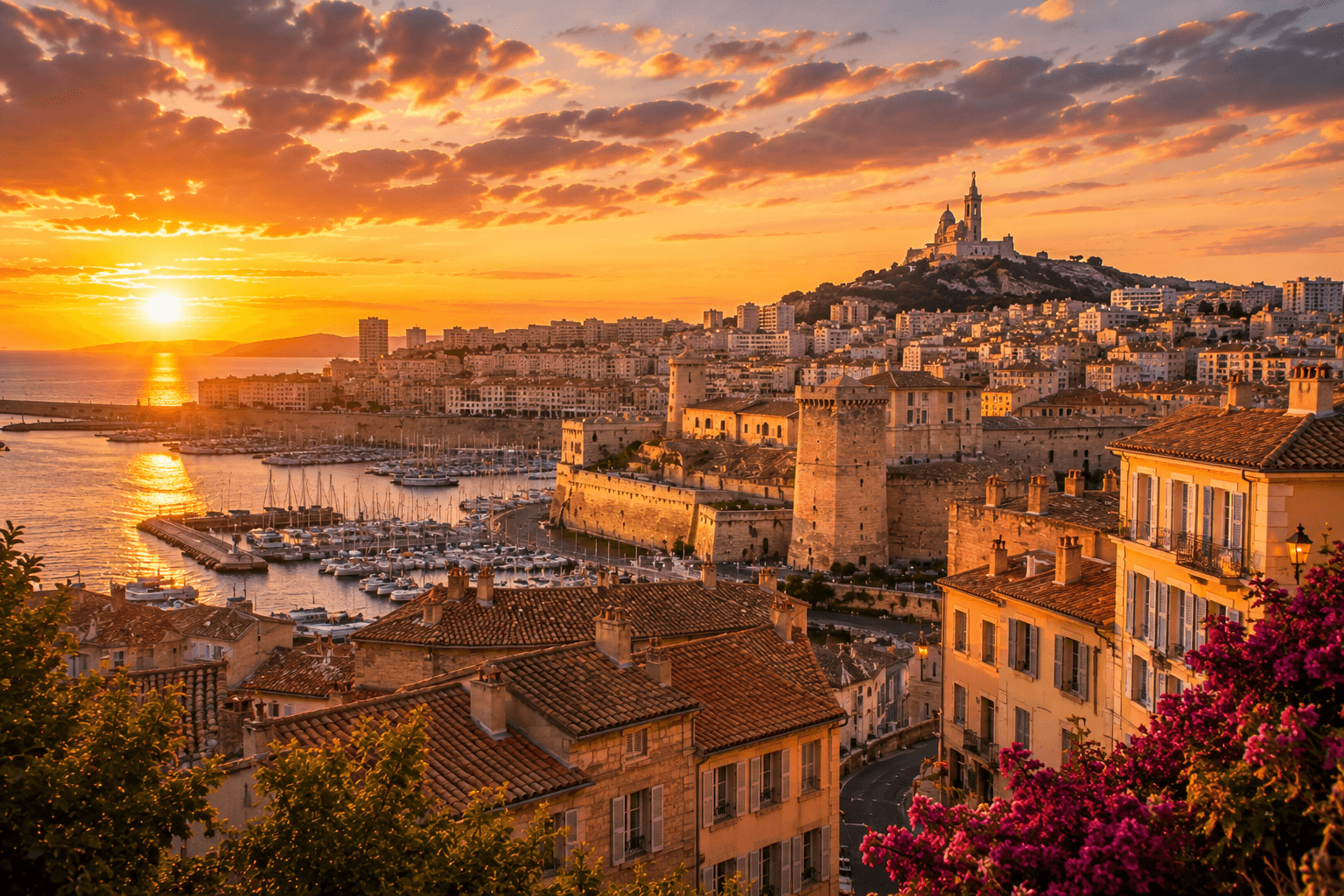 Old Port of Marseille with boats and historic waterfront during golden hour.