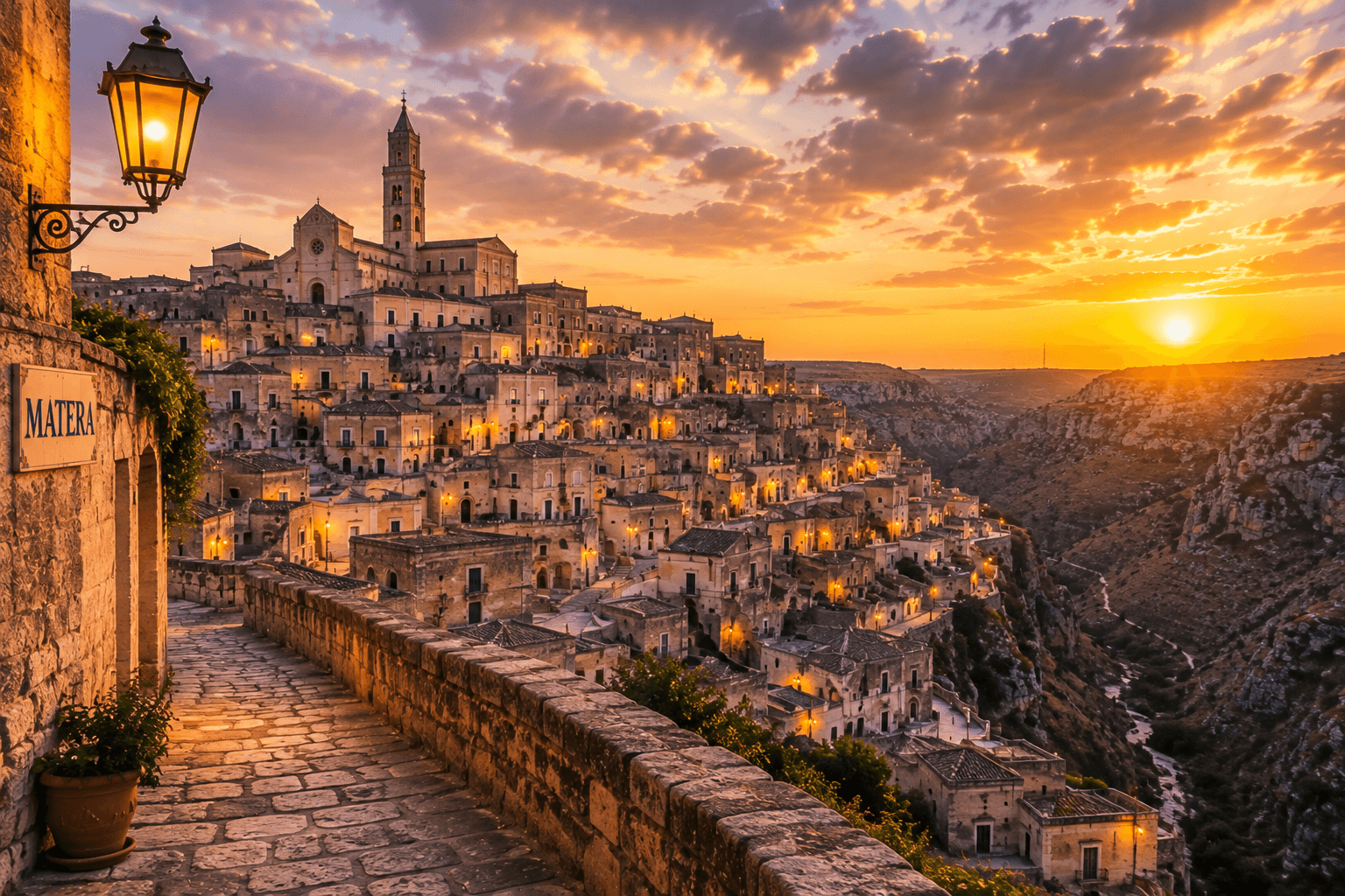 Matera ancient stone city at sunset