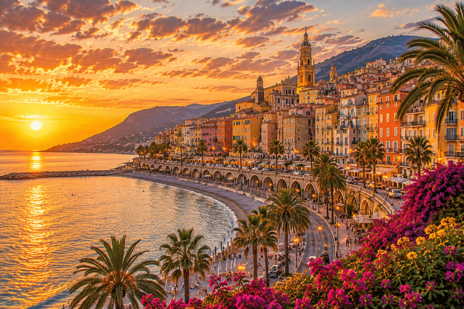Colorful Menton waterfront and Mediterranean coastline during golden hour.