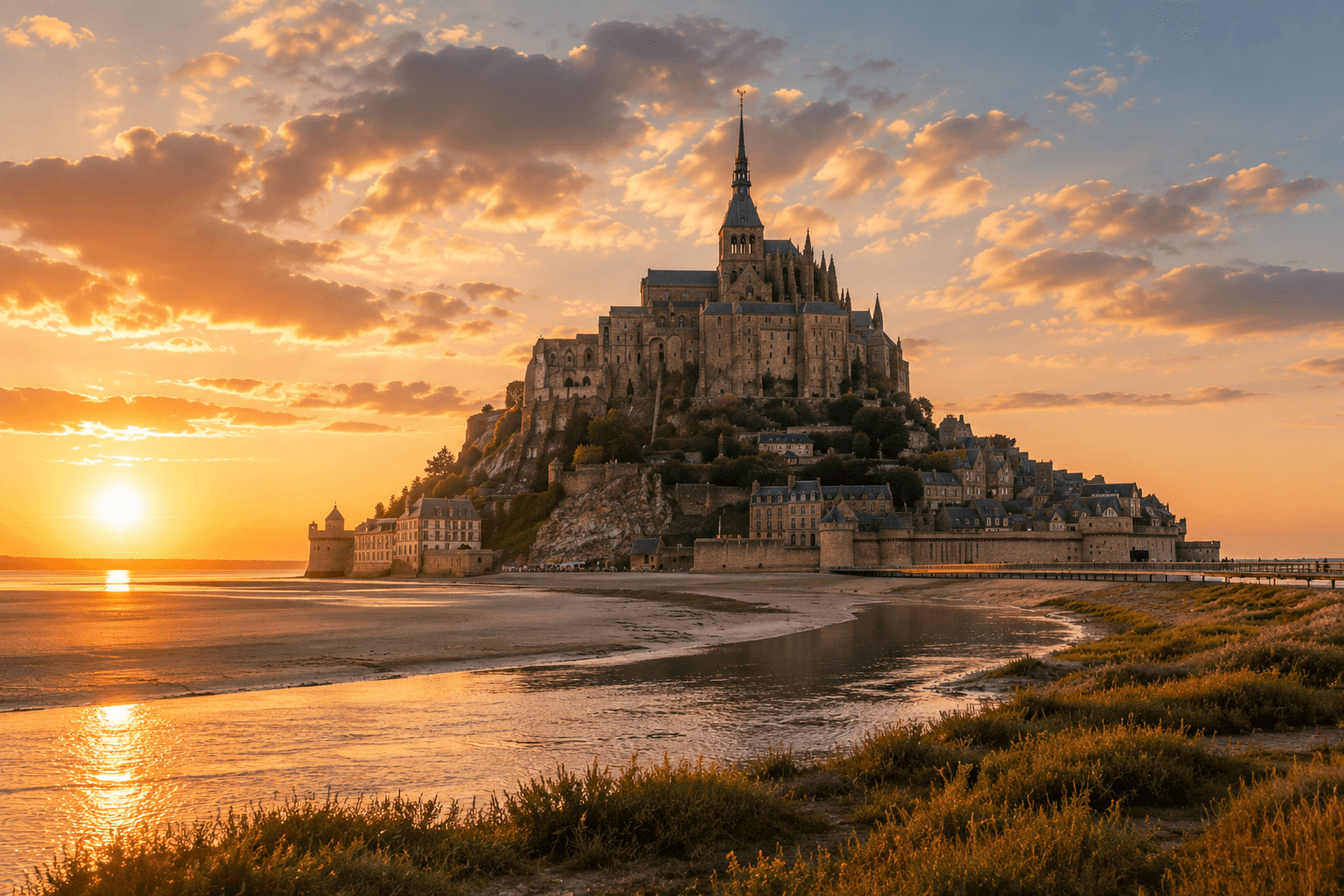 Mont Saint-Michel Abbey rising above the tidal island in Normandy, France at sunset.