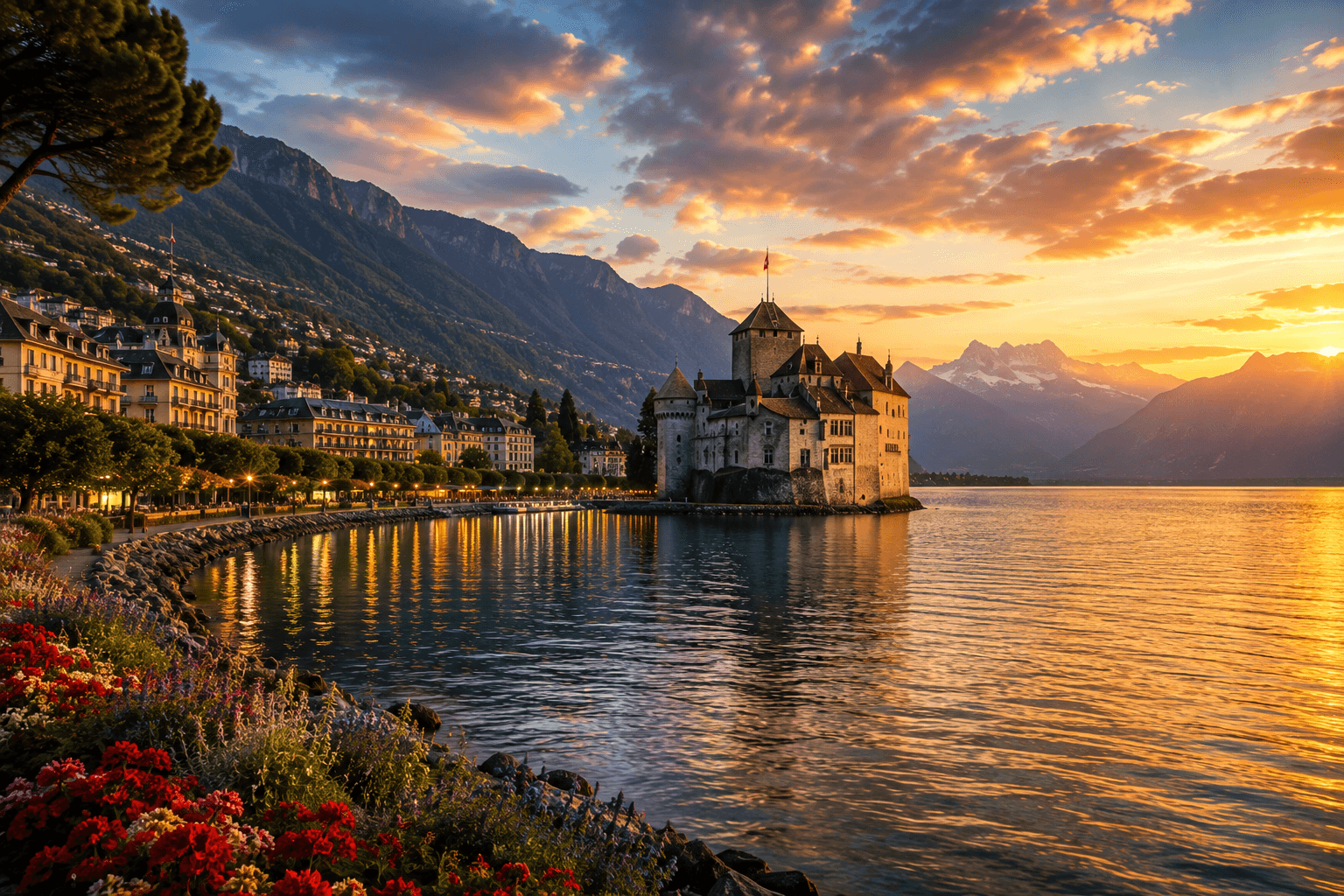 Beautiful lakeside promenade in Montreux on Lake Geneva surrounded by mountains