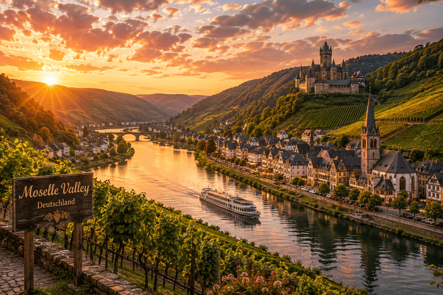 Moselle Valley Germany river vineyards and villages at sunset
