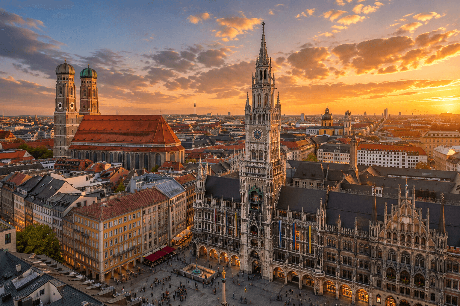 Munich Germany historic old town and city skyline at sunset