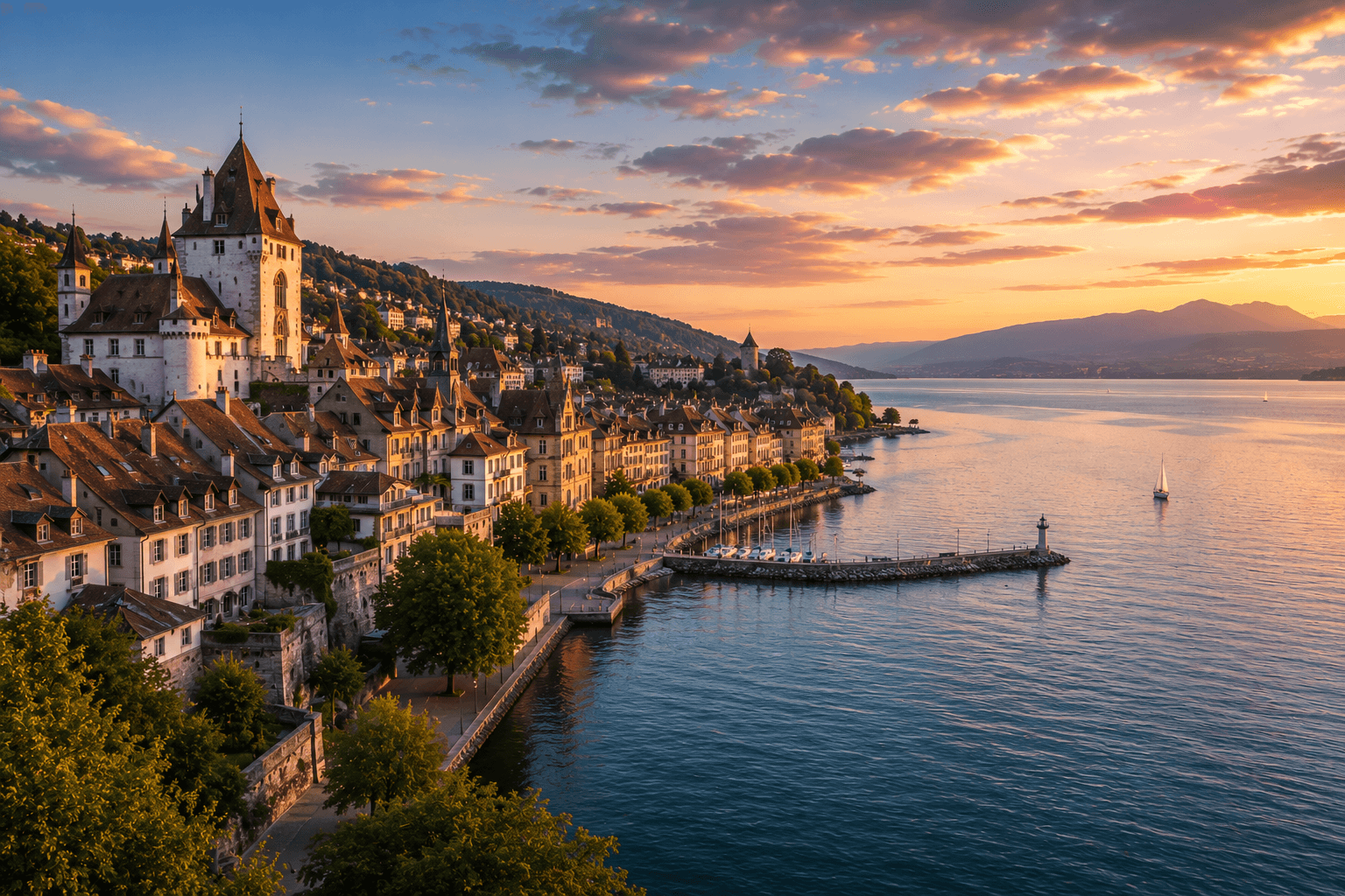 Neuchâtel Castle overlooking Lake Neuchâtel and the surrounding mountains