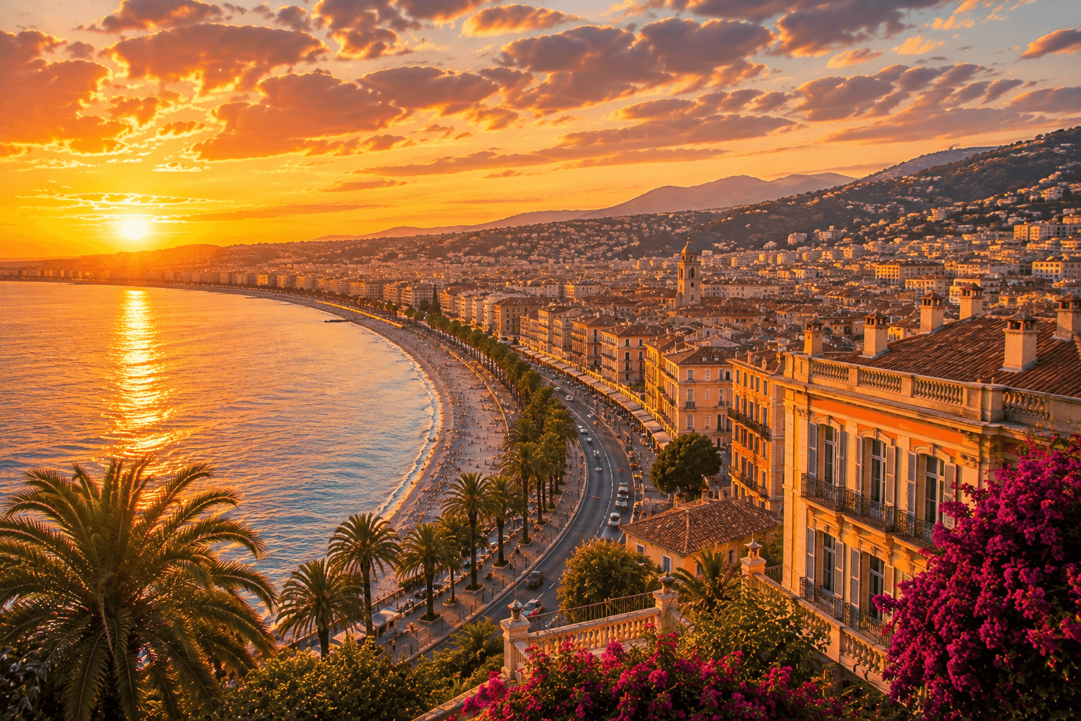 Promenade des Anglais in Nice overlooking the Mediterranean Sea at sunset.