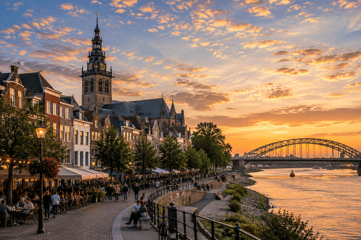 Nijmegen Netherlands historic waterfront and Waal Bridge at sunset