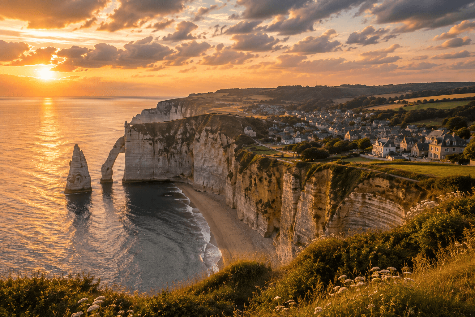 Normandy coastline in France with dramatic cliffs, beaches and golden sunset.
