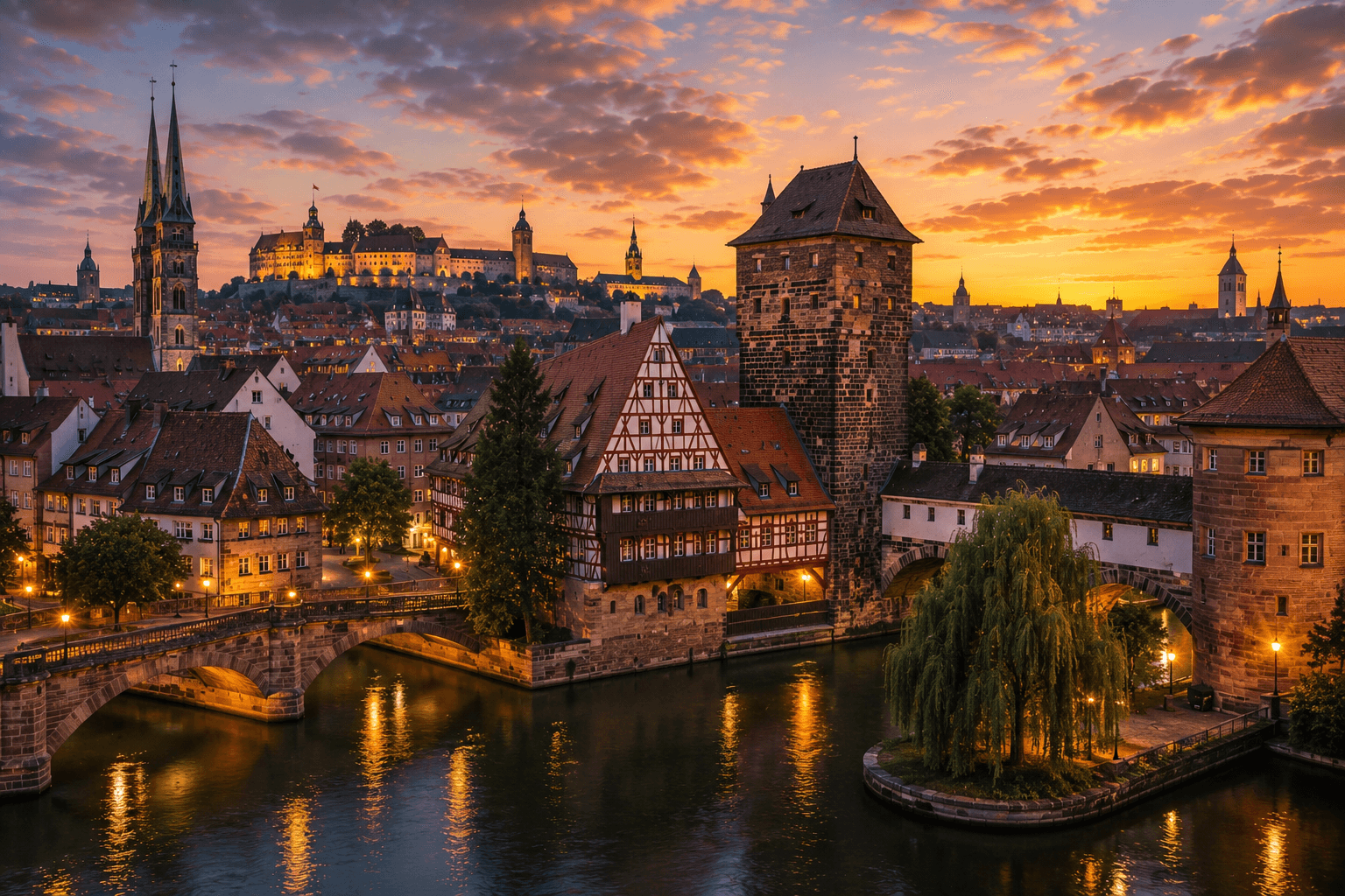 Nuremberg Germany medieval old town and historic castle at sunset