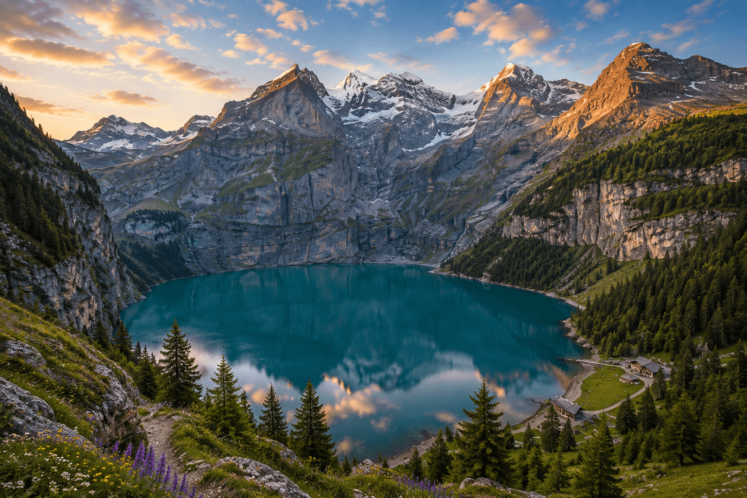 Oeschinensee mountain lake surrounded by the Swiss Alps