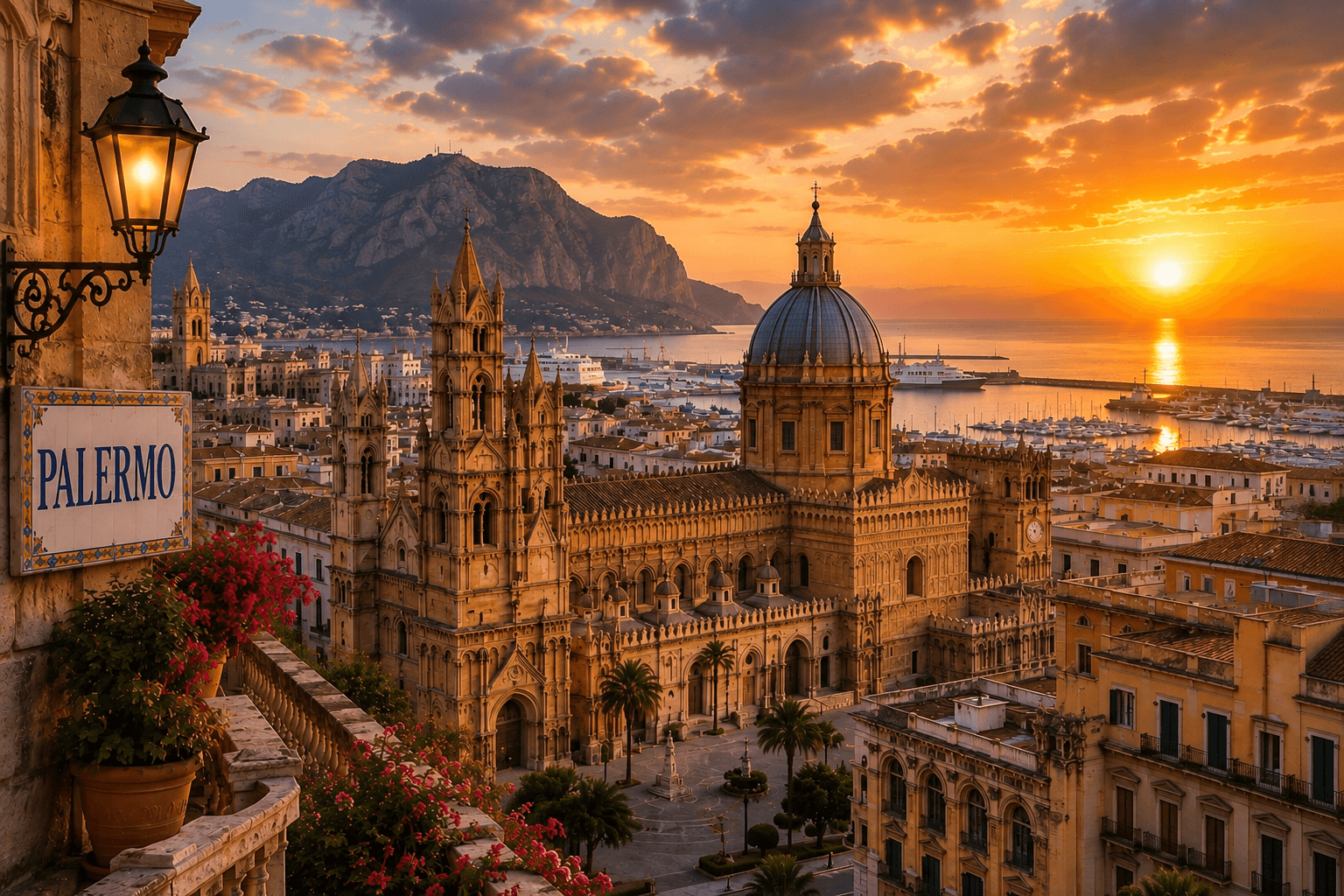 Palermo cathedral and historic center at sunset