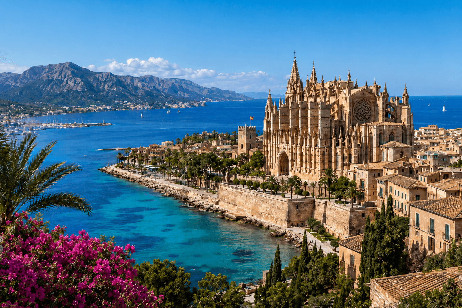 Palma de Mallorca Spain travel destination featuring cathedral and Mediterranean waterfront