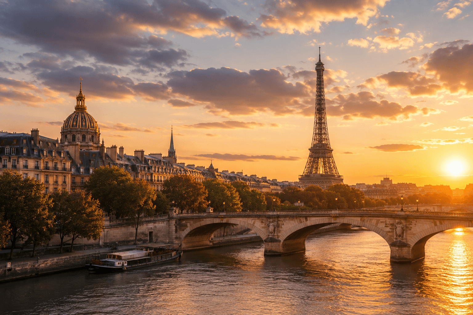 Paris, France at sunset with the Eiffel Tower, Seine River and historic architecture.
