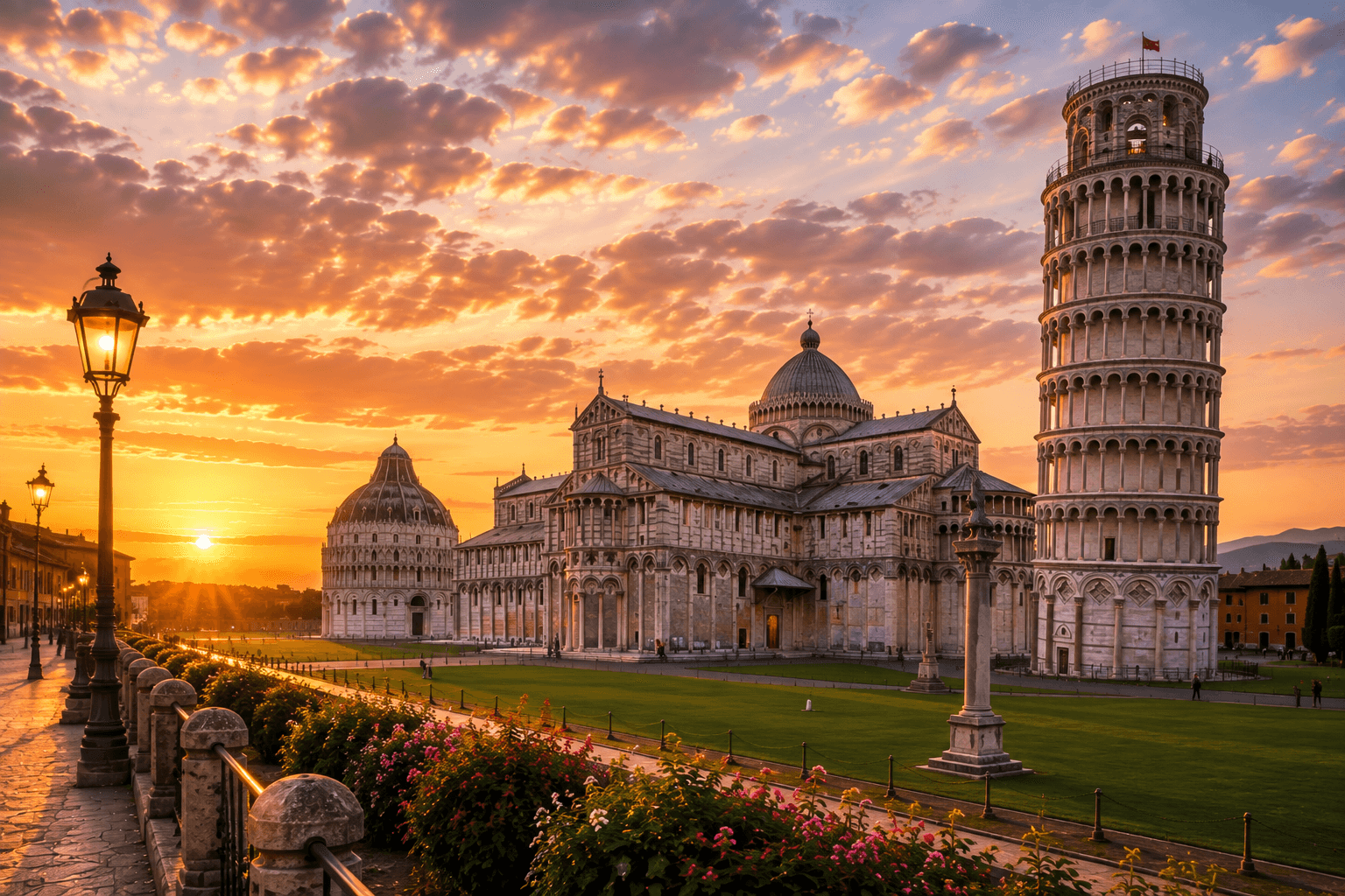 Historic Pisa city center at sunset