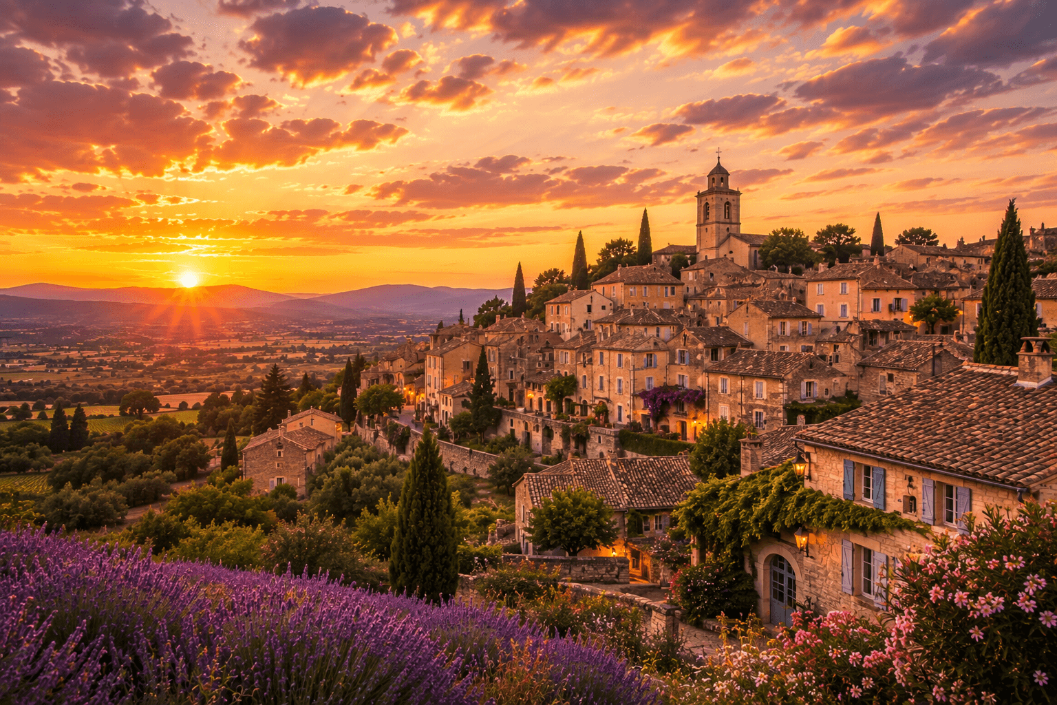 Provence landscape with lavender fields, villages and golden sunset in southern France.