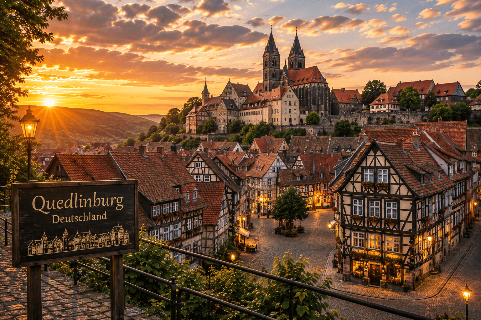 Quedlinburg Germany medieval half timbered old town at sunset