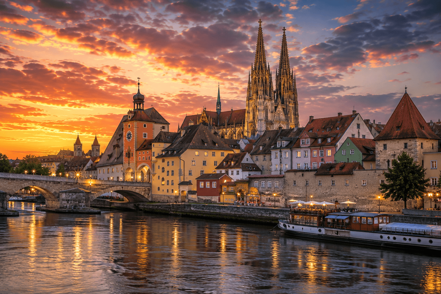 Regensburg Germany old town cathedral and Danube River at sunset