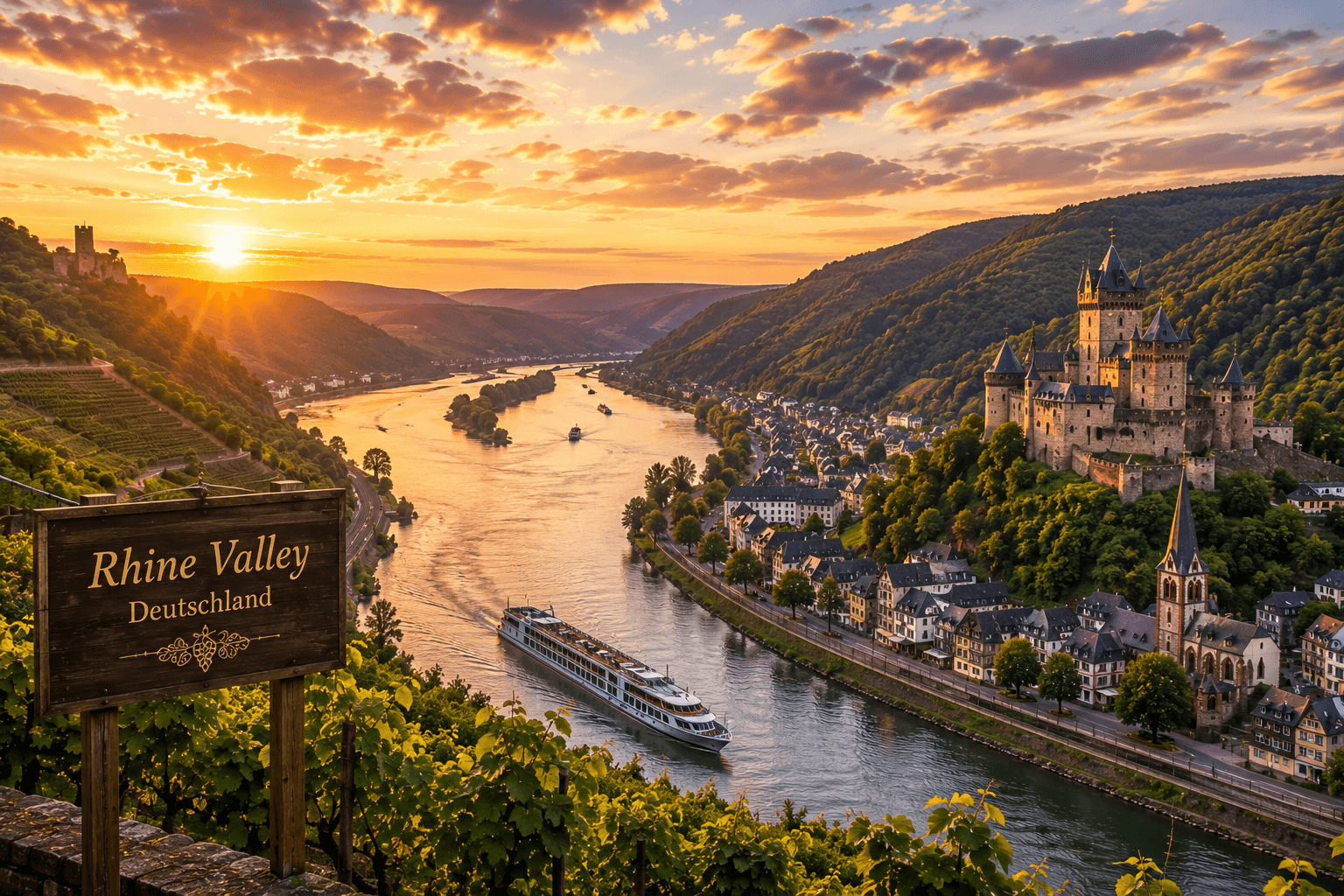 Rhine Valley Germany river vineyards and historic castles at sunset