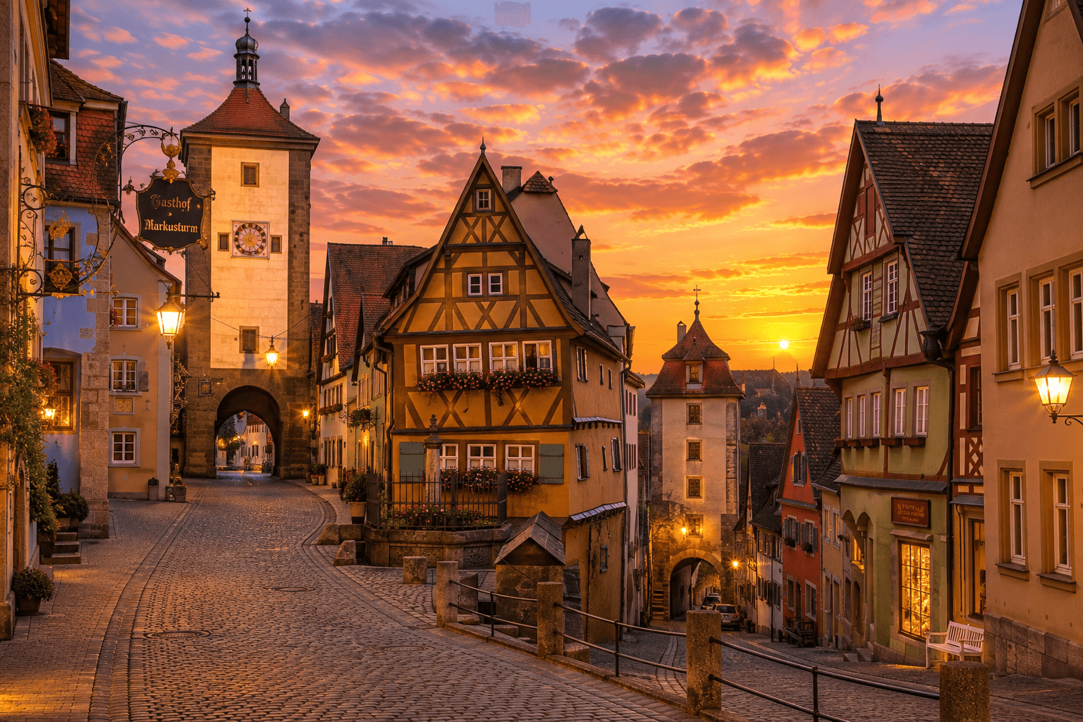 Rothenburg ob der Tauber Germany medieval old town at sunset