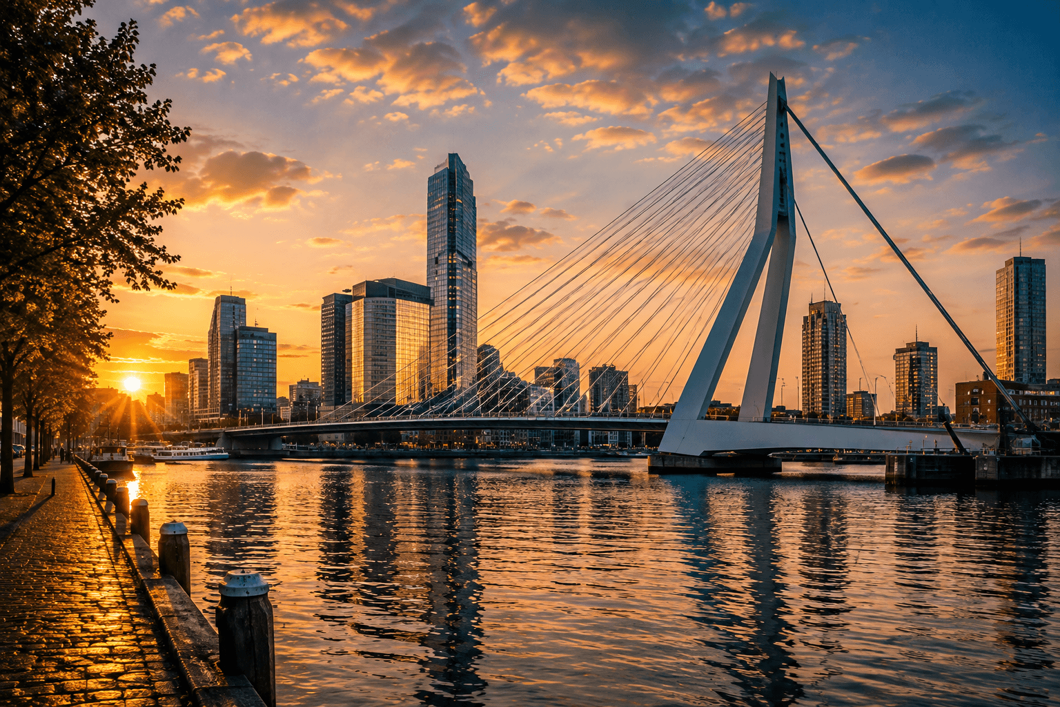 Rotterdam Netherlands Erasmus Bridge and modern skyline at sunset