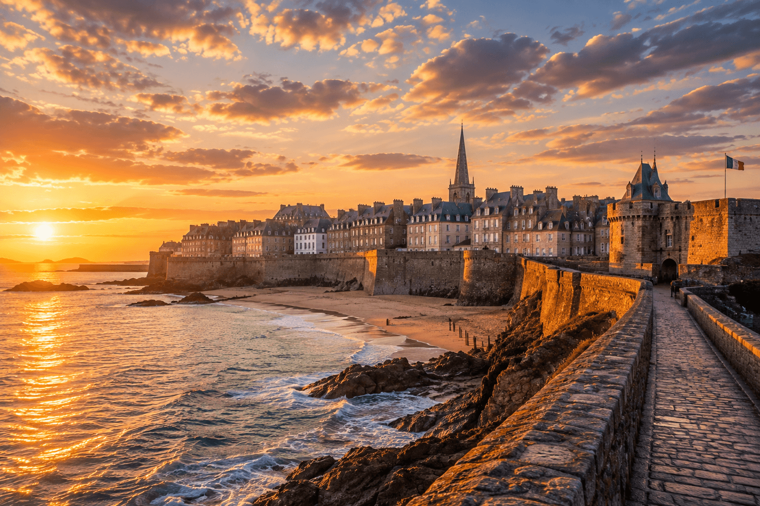 Historic walled city of Saint-Malo, Brittany, France overlooking the Atlantic Ocean at sunset.
