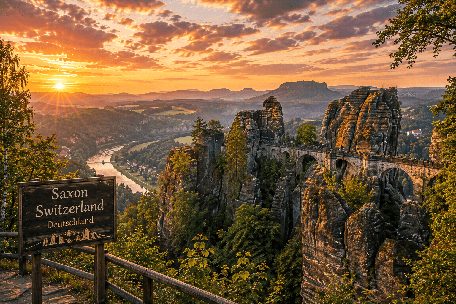 Saxon Switzerland National Park Germany sandstone mountains at sunset