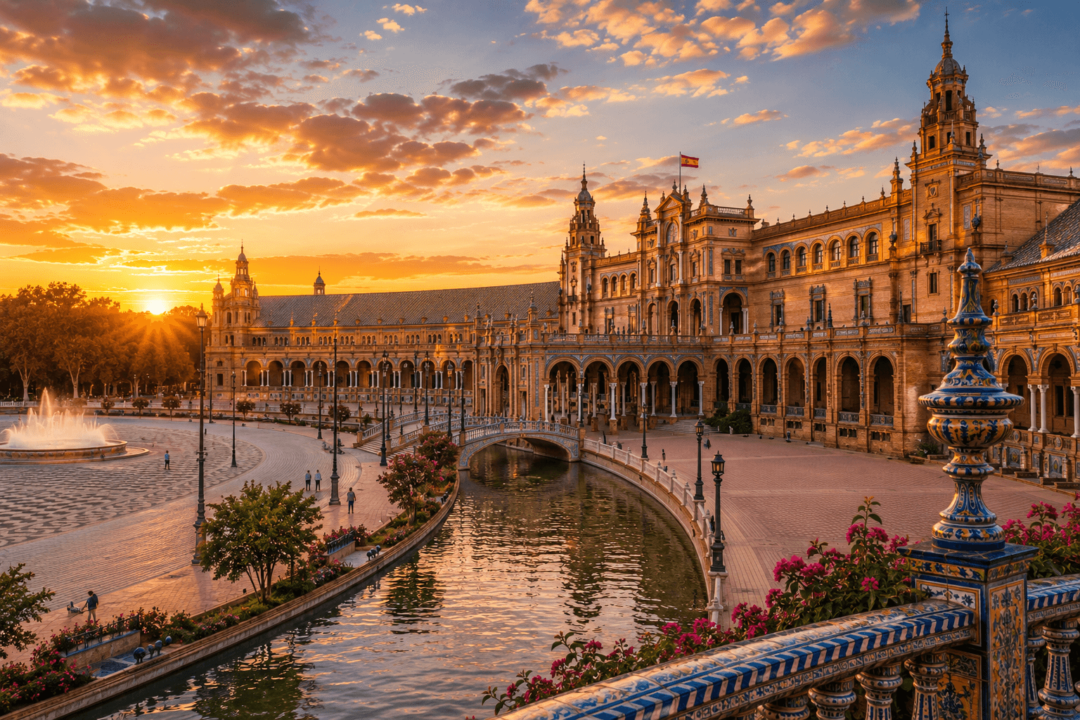 Seville Spain travel destination featuring Plaza de España at sunset