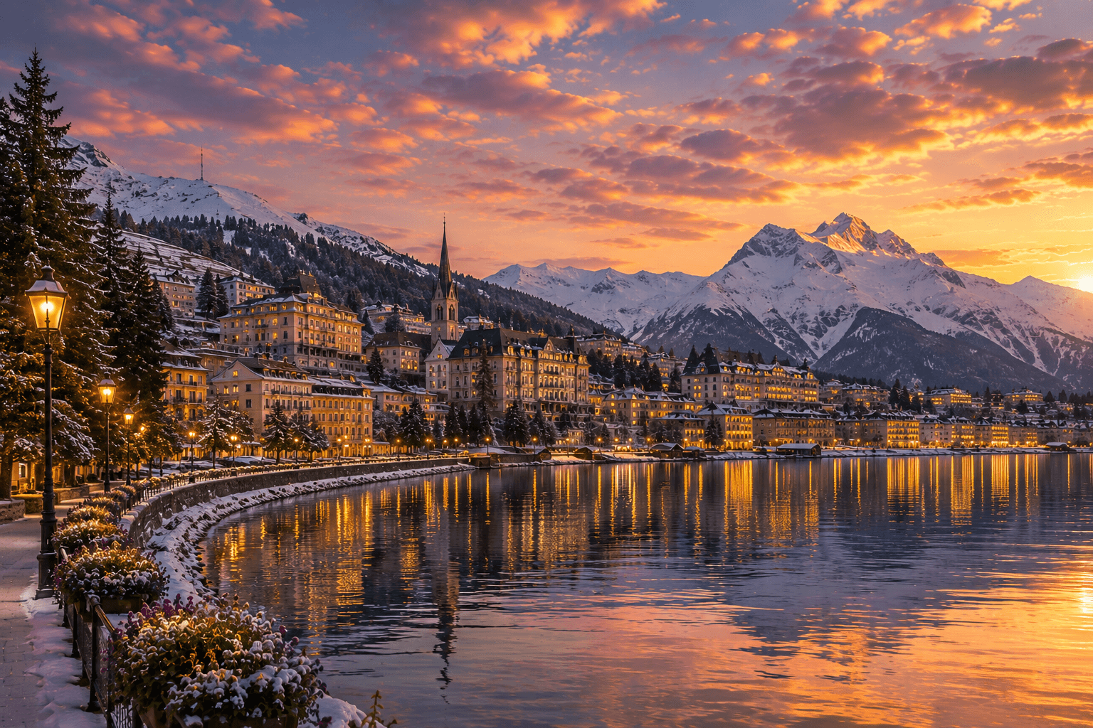 Luxury alpine resort of St. Moritz with crystal lake and snow-capped mountains