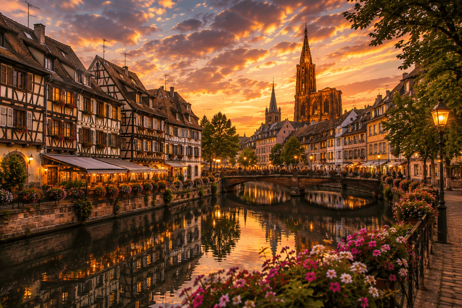 Historic Strasbourg canals and timber-framed houses during golden hour in France.