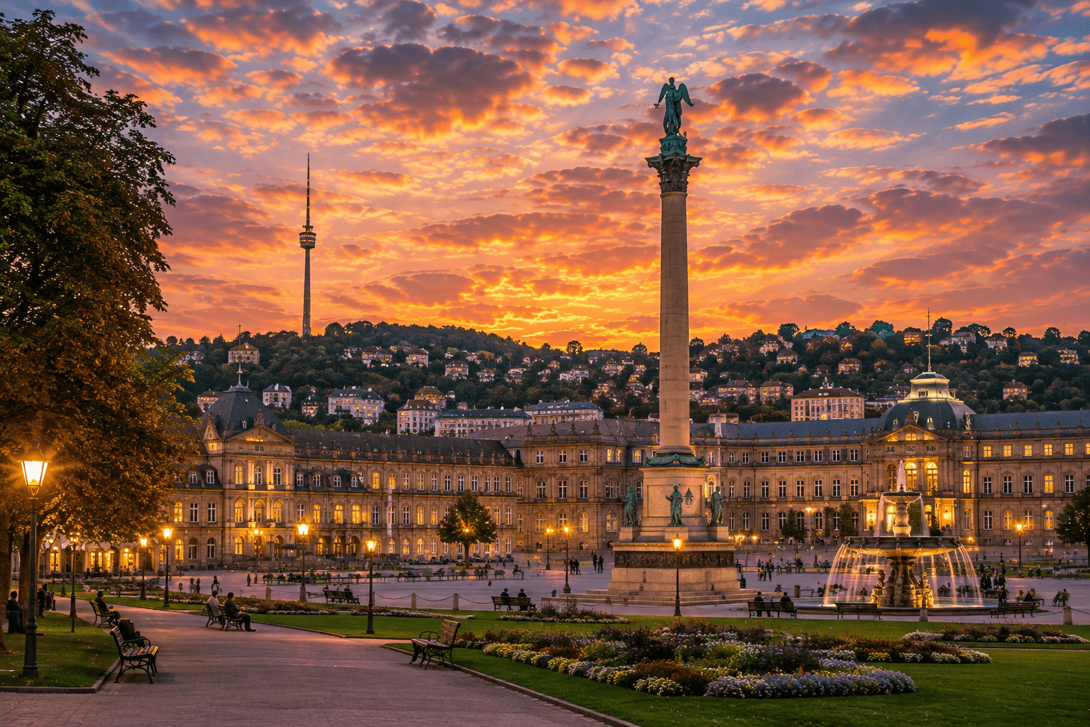 Stuttgart Germany city skyline and historic landmarks at sunset