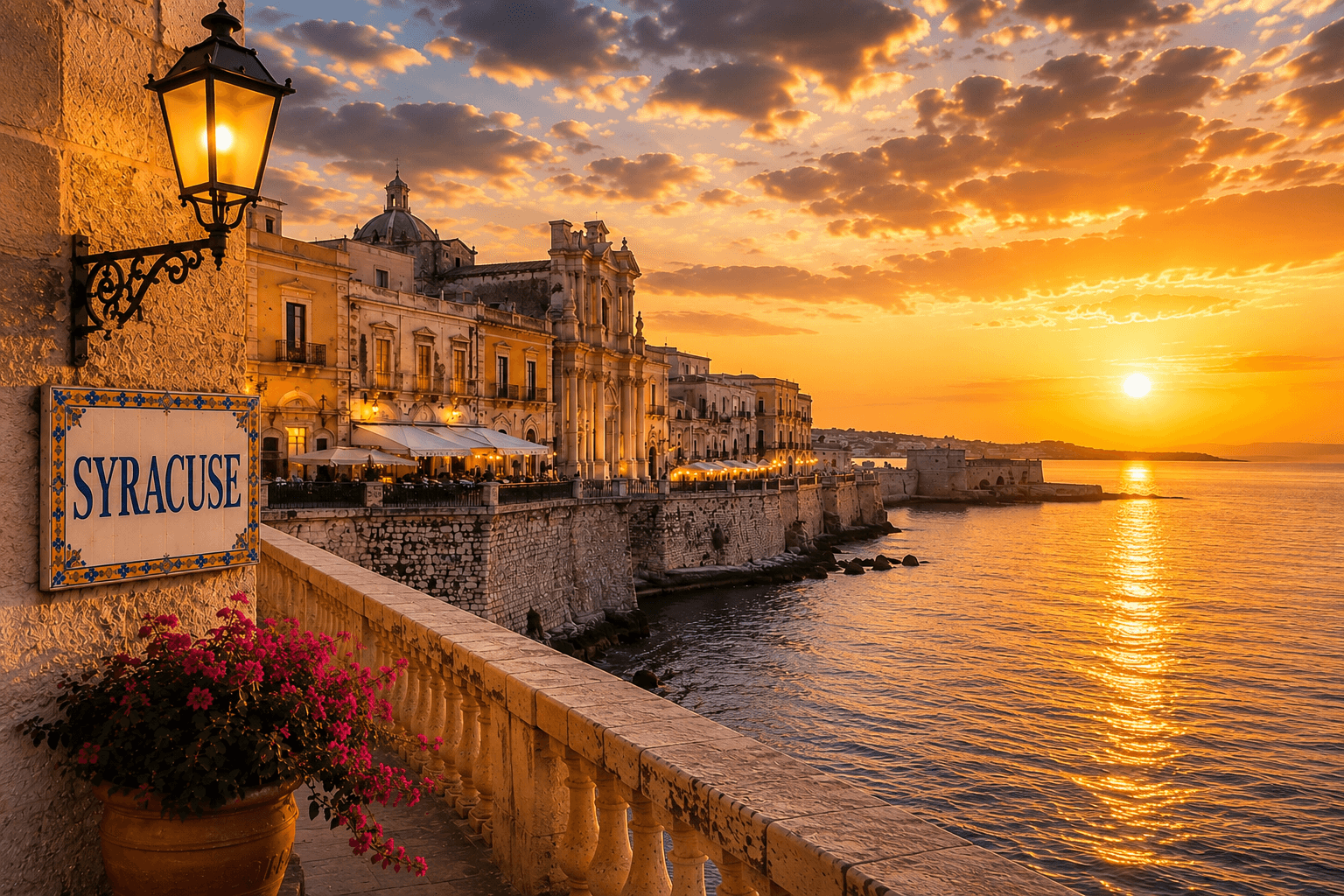 Syracuse historic island of Ortigia at sunset